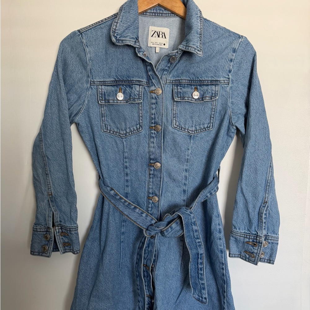 Zara Blue Denim Belted Mini Dress -size Small.